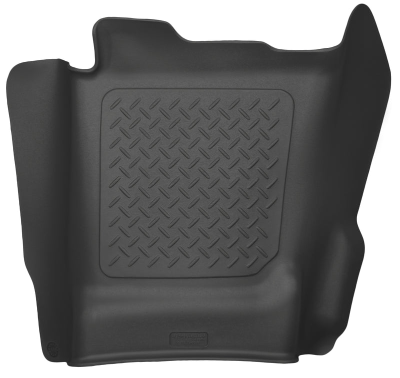 Husky Liners X-act Contour: black molded center hump floor liner with diamond-plate tread, on a white background