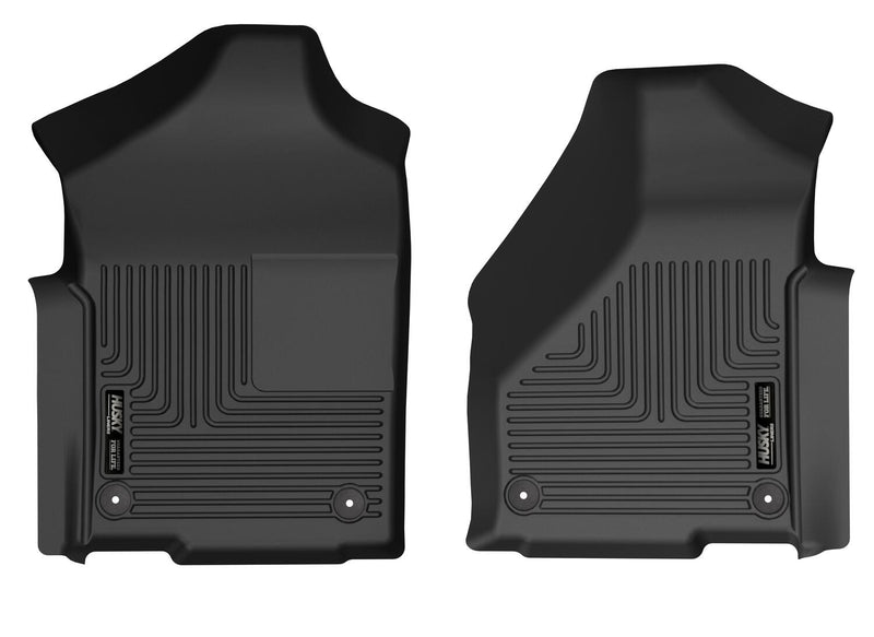 Husky Liners X-act Contour: black front driver and passenger floor liners with fine-line tread and Husky logo plates, on a white background