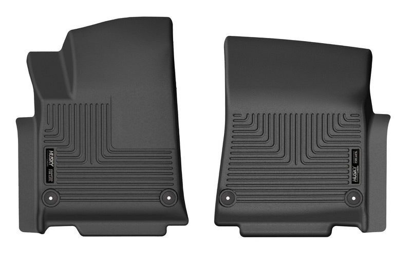 Husky Liners X-act Contour: black front driver and passenger floor liners with fine-line tread and Husky logo plates, on a white background (representative image; each liner is molded for its own vehicle)