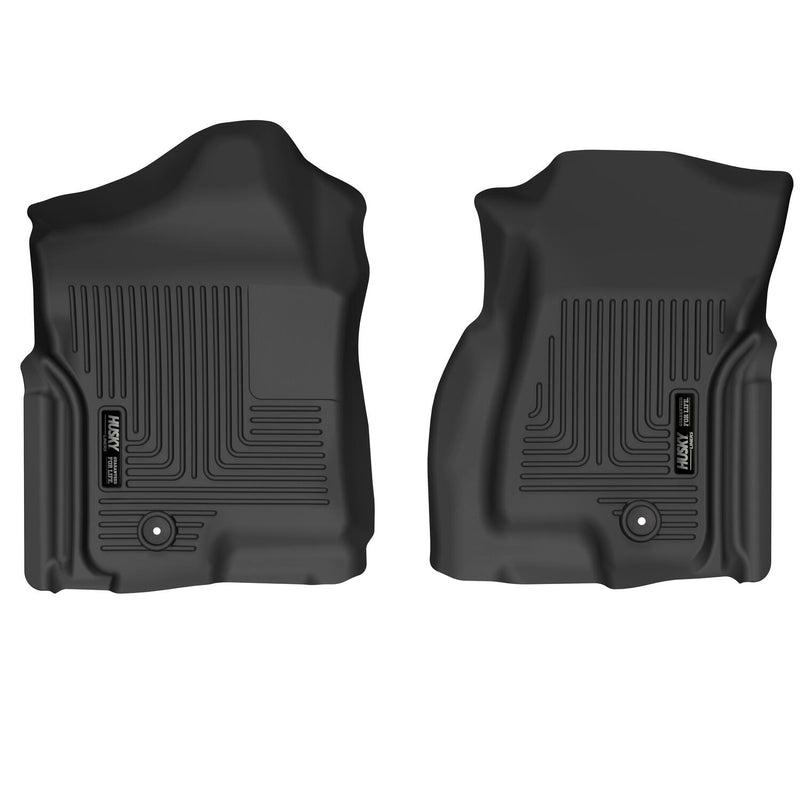 Husky Liners X-act Contour: black front driver and passenger floor liners with fine-line tread and Husky logo plates, on a white background (representative image; each liner is molded for its own vehicle)