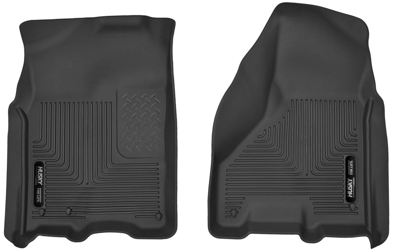 Husky Liners X-act Contour: black molded front floor liner pair with Husky Liners logo plates on a white background