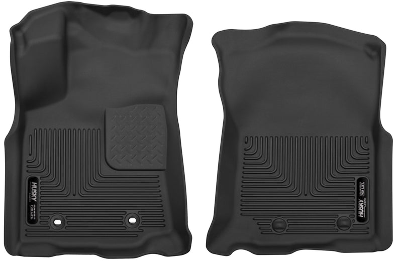 Husky Liners X-act Contour: black molded front floor liner pair with Husky Liners logo plates on a white background