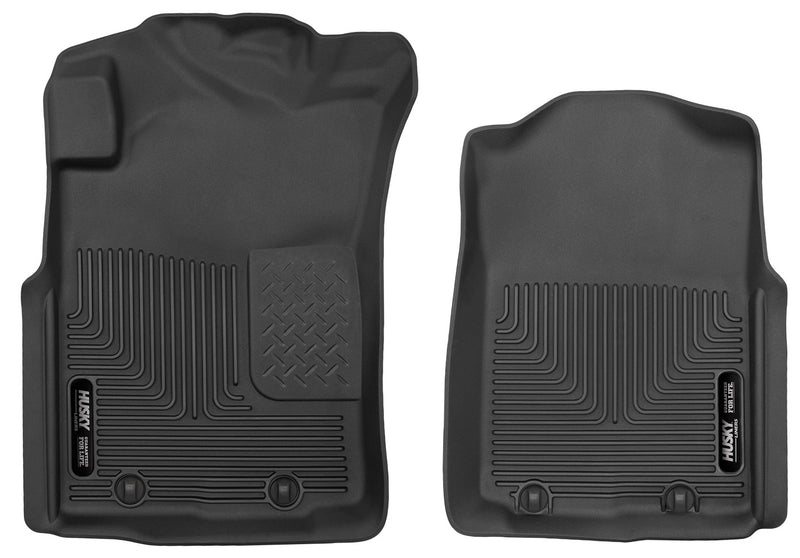Husky Liners X-act Contour: black molded front floor liner pair with Husky Liners logo plates on a white background