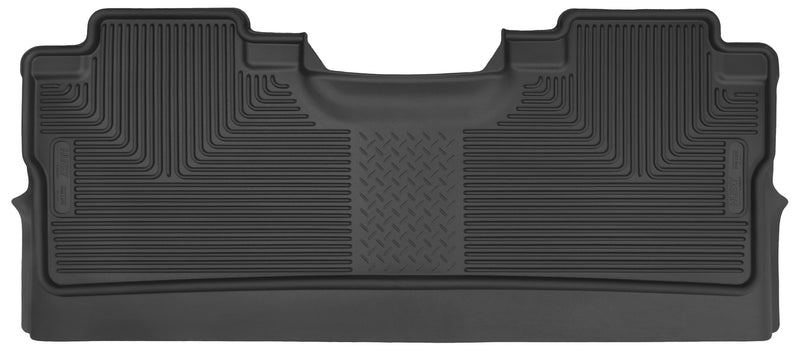 Husky Liners X-act Contour: black molded one-piece rear floor liner with Husky Liners logo plates on a white background