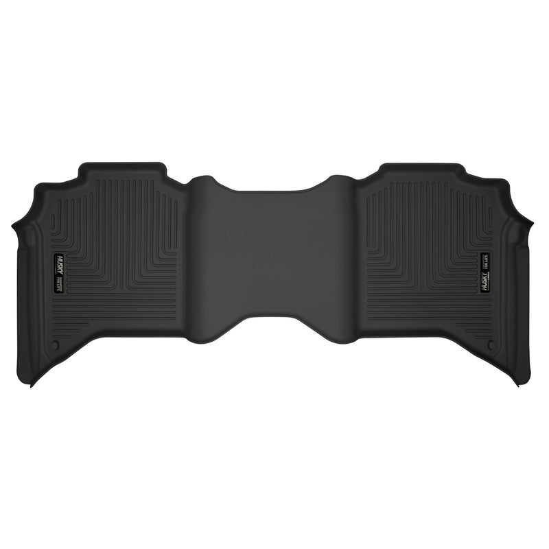 Husky Liners X-act Contour: black molded one-piece rear floor liner with Husky Liners logo plates on a white background