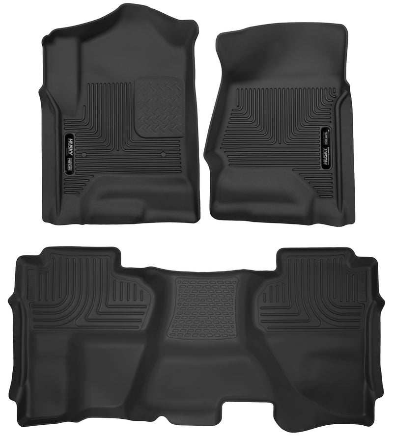 Husky Liners X-act Contour: black X-act Contour pair of front floor liners and a one-piece second-row liner on a white background