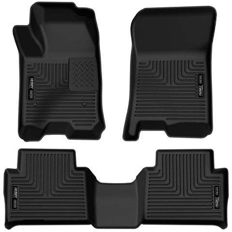 Husky Liners X-act Contour: black X-act Contour pair of front floor liners and a one-piece second-row liner on a white background (representative image; each liner is molded for its own vehicle)
