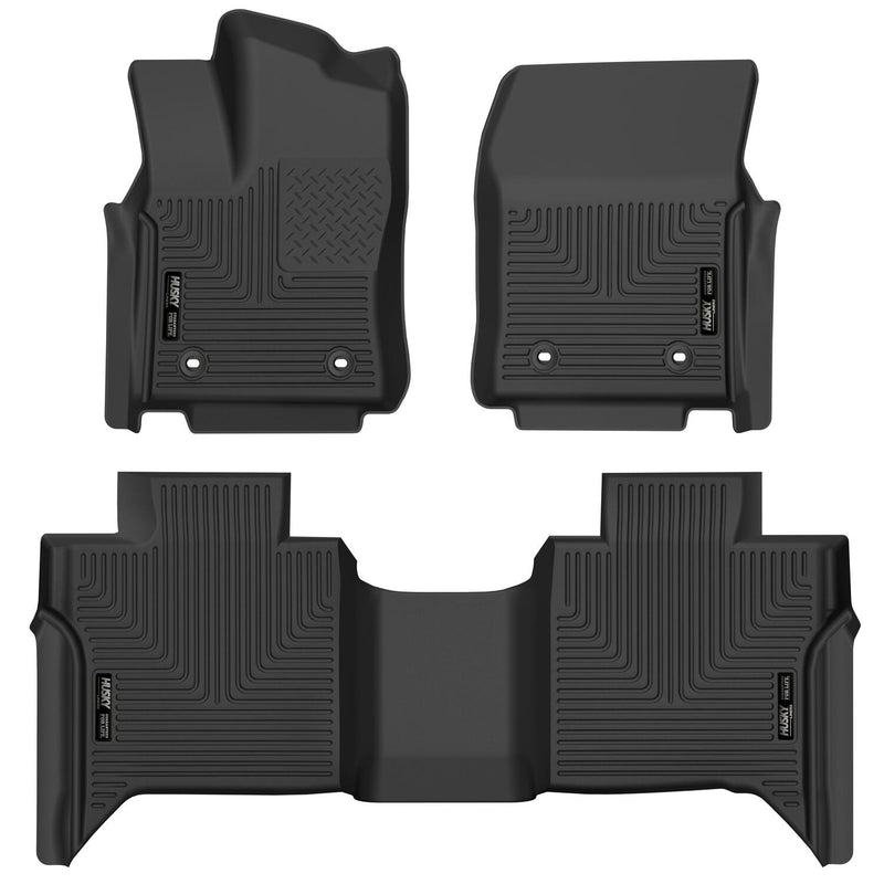 Husky Liners X-act Contour: black X-act Contour pair of front floor liners and a one-piece second-row liner on a white background (representative image; each liner is molded for its own vehicle)