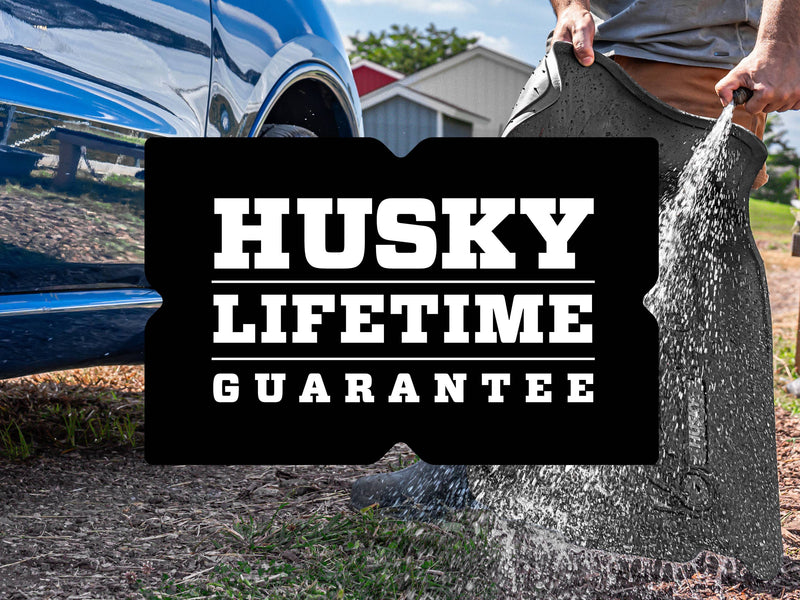 Husky Liners X-act Contour: lifetime guarantee badge over a photo of a black floor liner being hosed off beside a blue vehicle