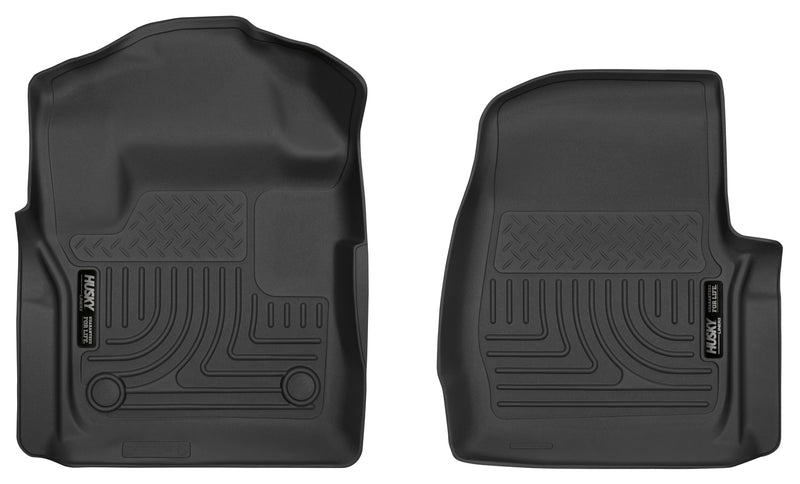 Husky Liners X-act Contour: two black front floor liners on white, driver side with two retention holes