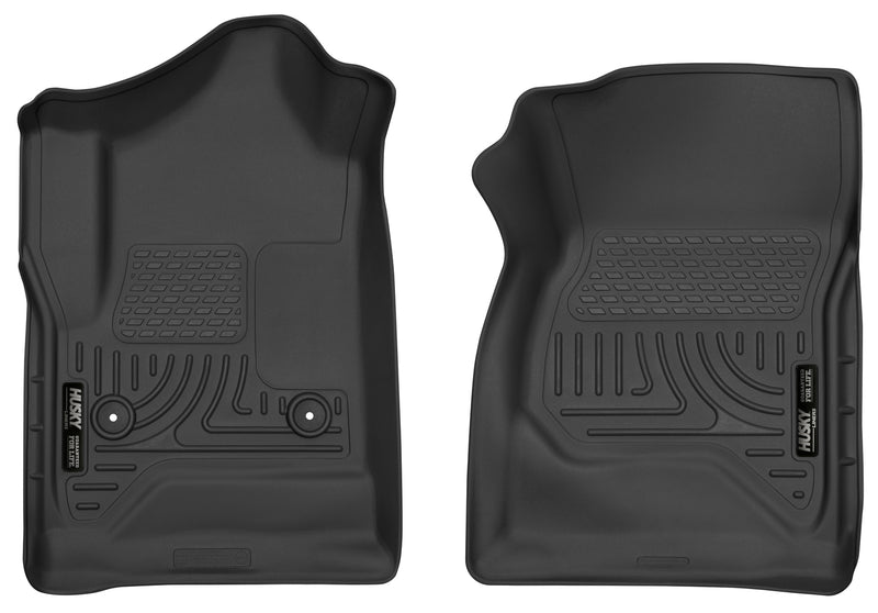 Husky Liners X-act Contour: two black front floor liners on white, driver side with two retention posts