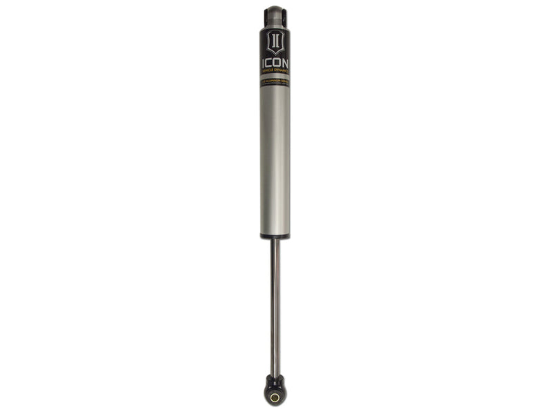 ICON Vehicle Dynamics 2.0 Series Shock Absorber: silver ICON 2.0 aluminum series shock with eyelet mounts, straight-on, on white