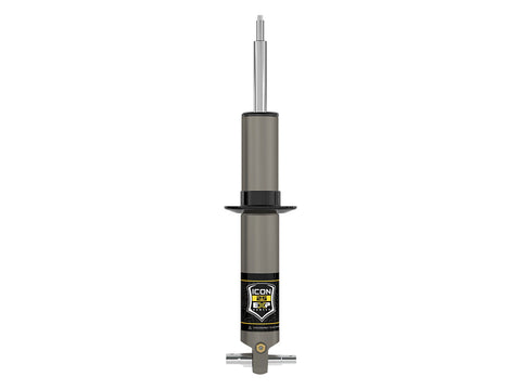 ICON Vehicle Dynamics 2.5 EXP Series Coilover: ICON 2.5 EXP front coilover body with black spring perch, stem top and bar-pin base, straight-on, on white