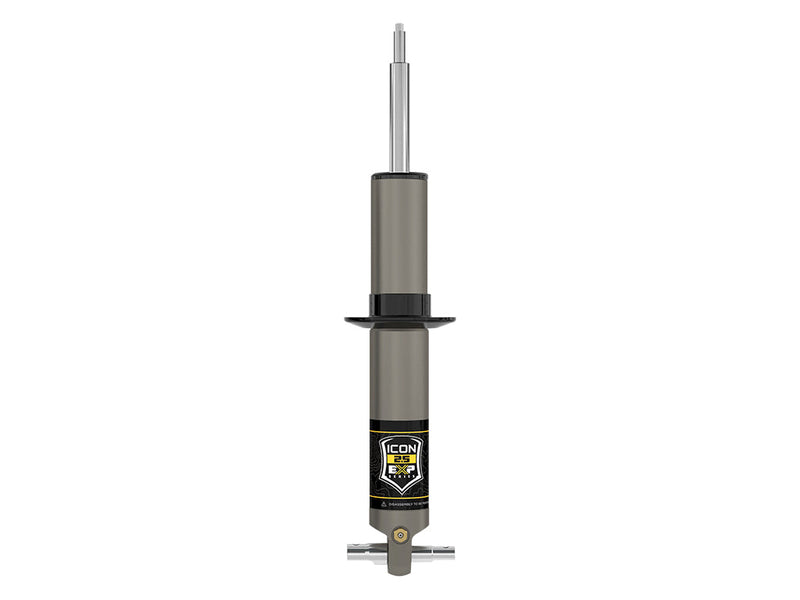 ICON Vehicle Dynamics 2.5 EXP Series Coilover: ICON 2.5 EXP front coilover body with black spring perch, stem top and bar-pin base, straight-on, on white