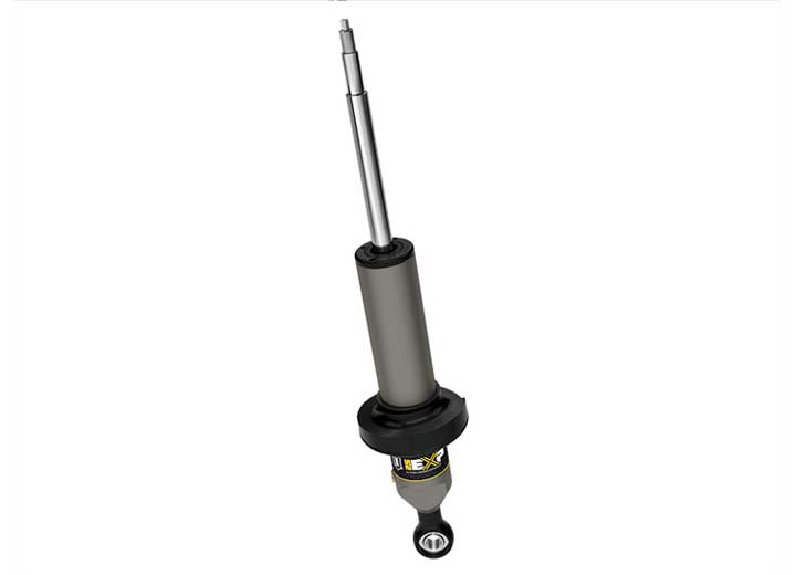 ICON Vehicle Dynamics 2.5 EXP Series Coilover: ICON 2.5 EXP front coilover body with black spring perch, threaded stem top and eyelet base on white (shot 2 of the set)
