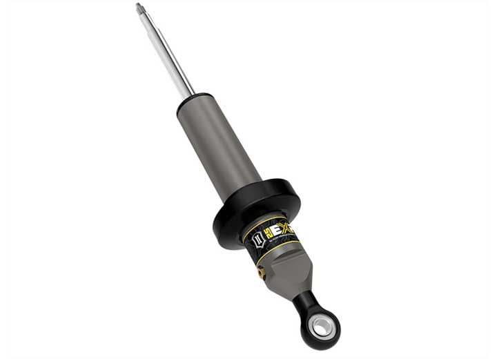 ICON Vehicle Dynamics 2.5 EXP Series Coilover: ICON 2.5 EXP front coilover body with black spring perch, threaded stem top and eyelet base on white (shot 3 of the set)