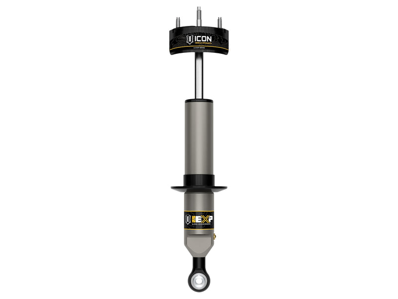 ICON Vehicle Dynamics 2.5 EXP Series Coilover: ICON 2.5 EXP front coilover with ICON-labeled three-stud upper mount, spring perch and eyelet base, straight-on, on white