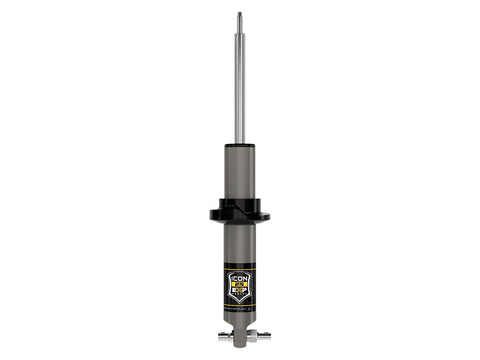 ICON Vehicle Dynamics 2.5 EXP Series Coilover: ICON 2.5 series coilover shock body with black spring perch and stem top, straight-on, on white, shown without spring