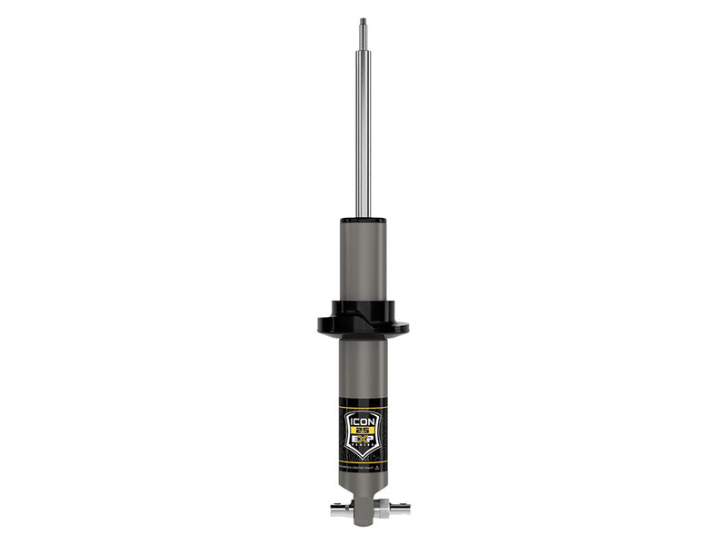 ICON Vehicle Dynamics 2.5 EXP Series Coilover: ICON 2.5 series coilover shock body with black spring perch and stem top, straight-on, on white, shown without spring