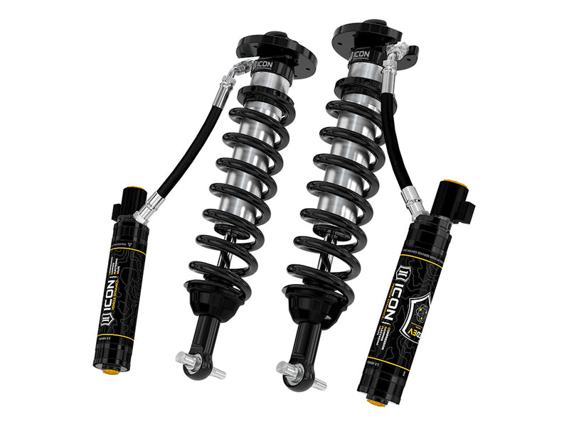 ICON Vehicle Dynamics 2.5 Series Coilover Kit: a pair of ICON 2.5 VS remote-reservoir coilovers with black springs and tall black CDEV electronic reservoirs with connectors, rendered on white