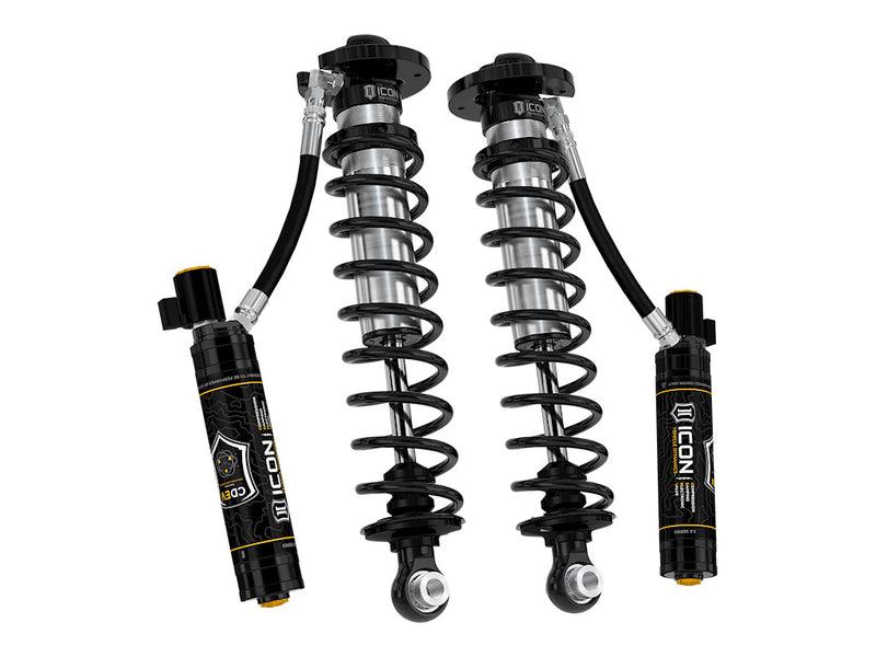 ICON Vehicle Dynamics 2.5 Series Coilover Kit: a pair of ICON 2.5 VS remote-reservoir coilovers with black springs and tall black CDEV electronic reservoirs with connectors, rendered on white (shot 2 of the set)