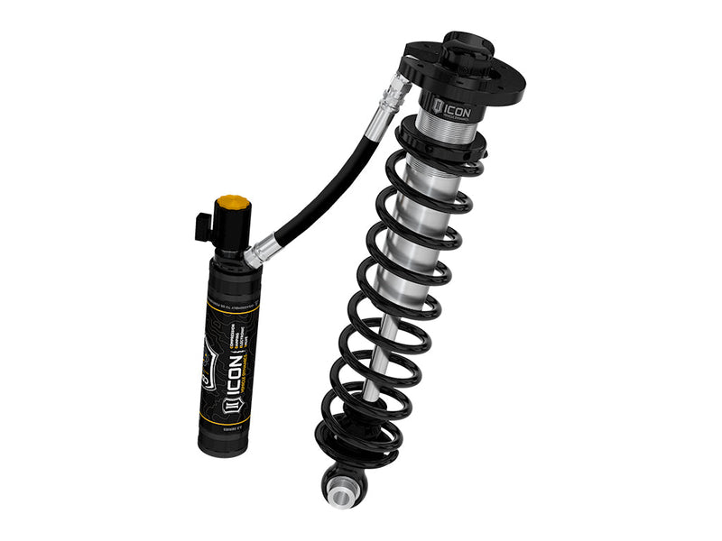 ICON Vehicle Dynamics 2.5 Series Coilover Kit: single ICON 2.5 VS remote-reservoir coilover with black spring and tall black CDEV electronic reservoir, rendered at an angle on white (part 91836E)