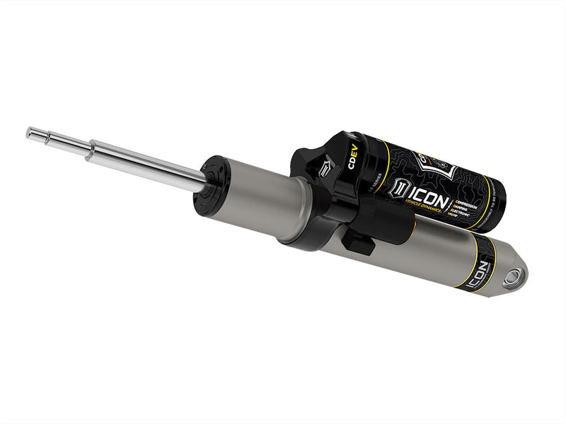 ICON Vehicle Dynamics 2.5 Series Shock Absorbers: rendered single gray ICON 2.5 aluminum series shock with CDEV electronic piggyback reservoir, laid diagonally on white