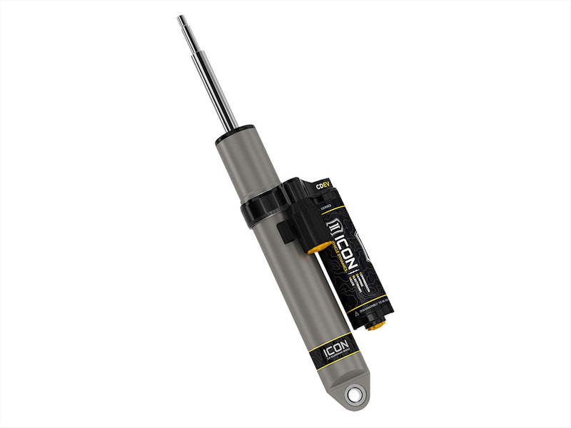 ICON Vehicle Dynamics 2.5 Series Shock Absorbers: rendered single gray ICON 2.5 aluminum series shock with CDEV piggyback reservoir, angled upright on white
