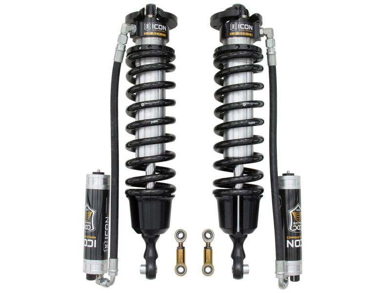 ICON Vehicle Dynamics 3.0 Series Coilover: a pair of ICON 3.0 VS remote-reservoir coilovers with black springs and CDC Valve reservoirs plus two sway-bar end links, on white