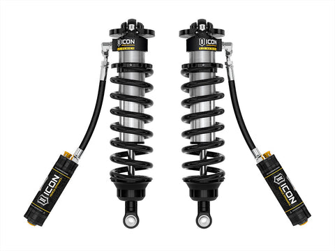 ICON Vehicle Dynamics 3.0 Series Coilover: rendered pair of ICON 3.0 VS remote-reservoir coilovers with black springs and black reservoirs angled out on hoses, on white