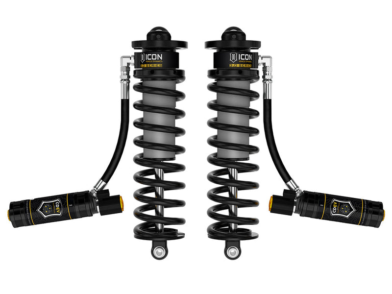 ICON Vehicle Dynamics 3.0 Series Coilover: rendered pair of ICON 3.0 VS remote-reservoir coilovers with black springs and black CDC or CDEV reservoirs angled out, on white