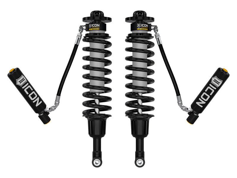 ICON Vehicle Dynamics 3.0 Series Coilover: rendered pair of ICON 3.0 VS remote-reservoir coilovers with black springs and finned black ICON reservoirs angled out, on white