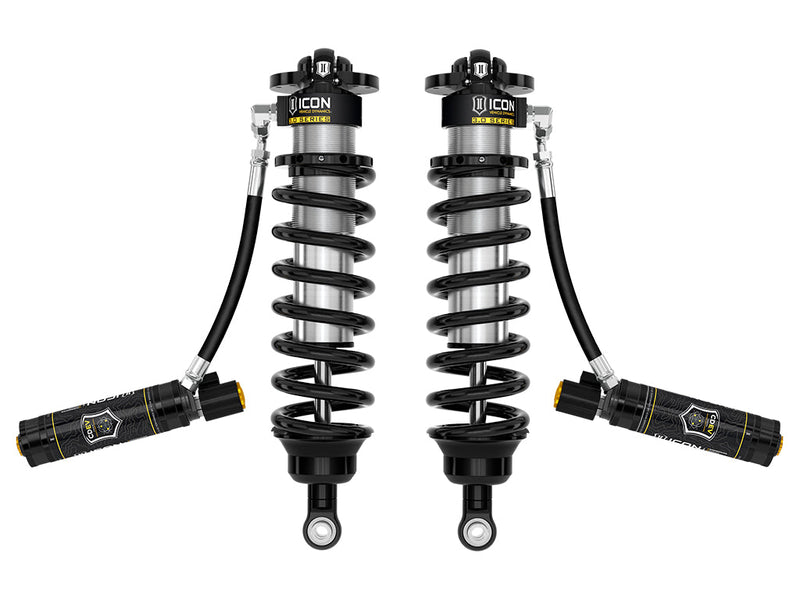 ICON Vehicle Dynamics 3.0 Series Coilover: rendered pair of ICON 3.0 VS remote-reservoir coilovers with black springs and black reservoirs angled out on hoses, on white (part 58775E)