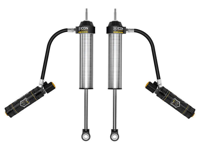 ICON Vehicle Dynamics 3.0 Series Shock Absorbers: rendered pair of silver ICON 3.0 VS remote-reservoir rear shocks with reservoirs angled out on hoses, on white (part 57845EP)