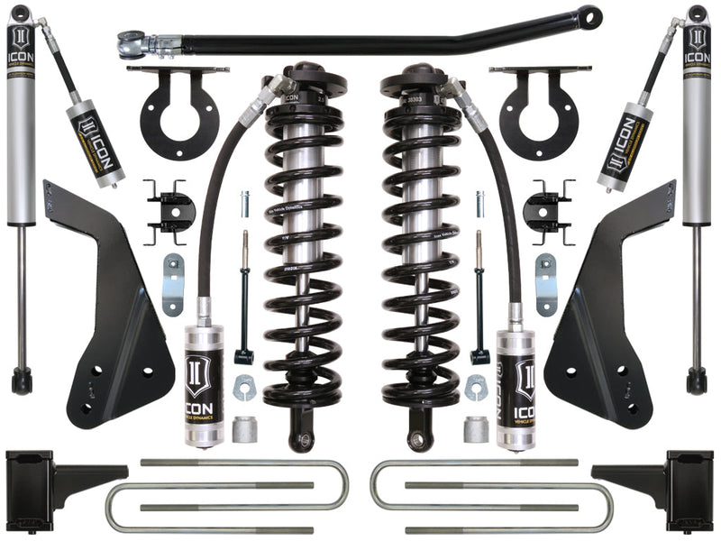 ICON Vehicle Dynamics Coilover Conversion System: kit layout on white: two ICON 2.5 remote-reservoir coilovers, two rear shocks, adjustable track bar, coil towers, frame brackets, block mounts and U-bolts