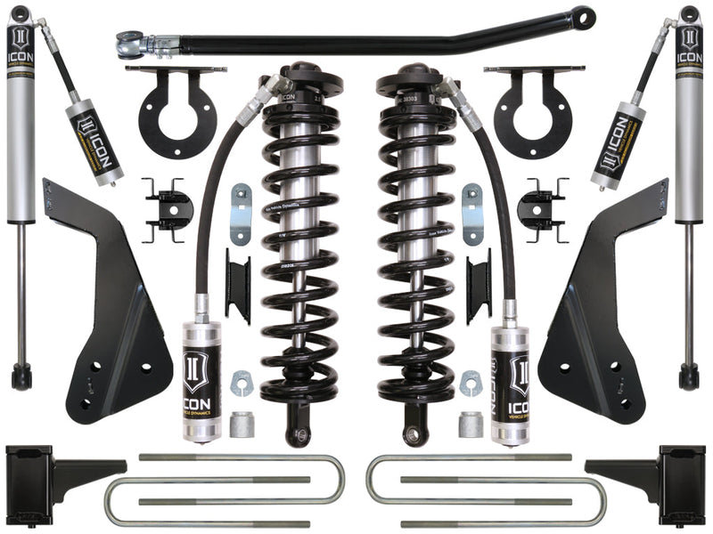 ICON Vehicle Dynamics Coilover Conversion System: kit layout on white: two ICON 2.5 remote-reservoir coilovers, two rear shocks, adjustable track bar, coil towers, frame brackets, block mounts and U-bolts (part K63121)