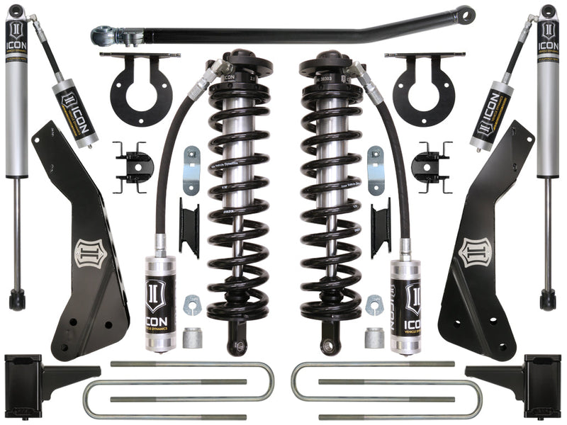 ICON Vehicle Dynamics Coilover Conversion System: kit layout on white: two ICON 2.5 remote-reservoir coilovers, two rear shocks, adjustable track bar, coil towers, frame brackets, block mounts and U-bolts (part K63131)
