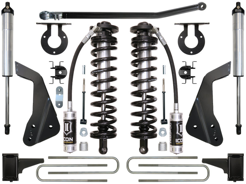 ICON Vehicle Dynamics Coilover Conversion System: kit layout on white: two ICON 2.5 remote-reservoir coilovers, two rear shocks, adjustable track bar, coil towers, frame brackets, block mounts and U-bolts (part K63112)
