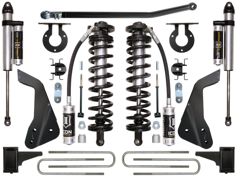 ICON Vehicle Dynamics Coilover Conversion System: kit layout on white: two ICON 2.5 remote-reservoir coilovers, two piggyback rear shocks, adjustable track bar, coil towers, frame brackets and U-bolts