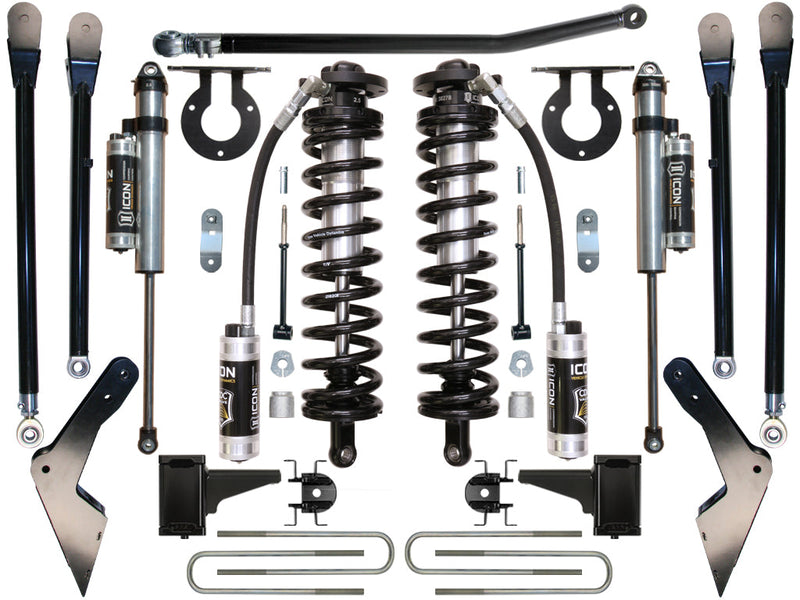 ICON Vehicle Dynamics Coilover Conversion System: kit layout on white: two ICON 2.5 CDC coilovers, piggyback shocks, four link arms, track bar, frame brackets, U-bolts and (where shown) steering stabilizers