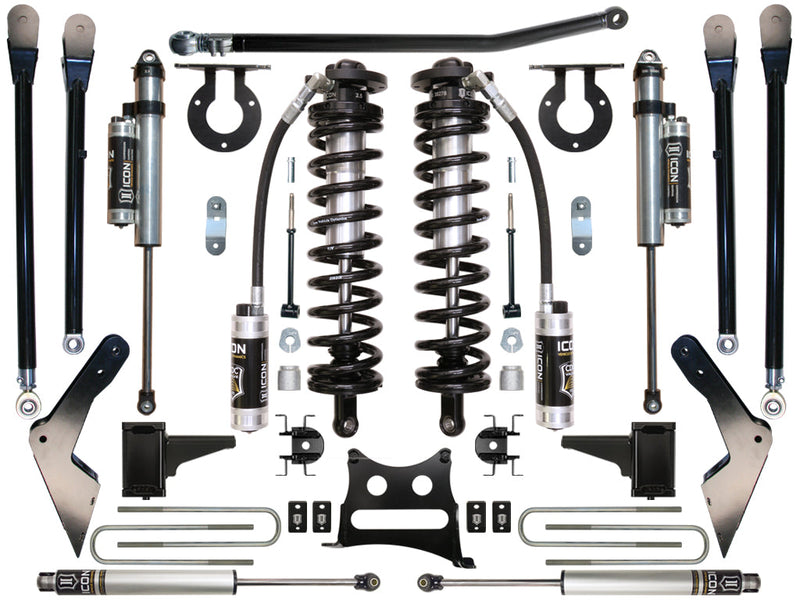 ICON Vehicle Dynamics Coilover Conversion System: kit layout on white: two ICON 2.5 CDC coilovers, piggyback shocks, four link arms, track bar, frame brackets, U-bolts and (where shown) steering stabilizers (part K63115)