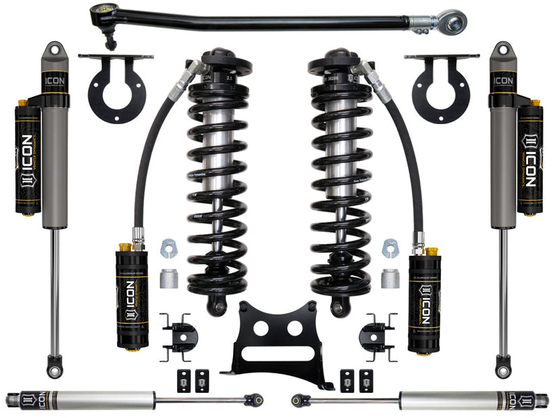 ICON Vehicle Dynamics Coilover Conversion System: kit layout on white: two ICON coilovers, remote-reservoir shocks, adjustable bar, brace, brackets and two steering stabilizers