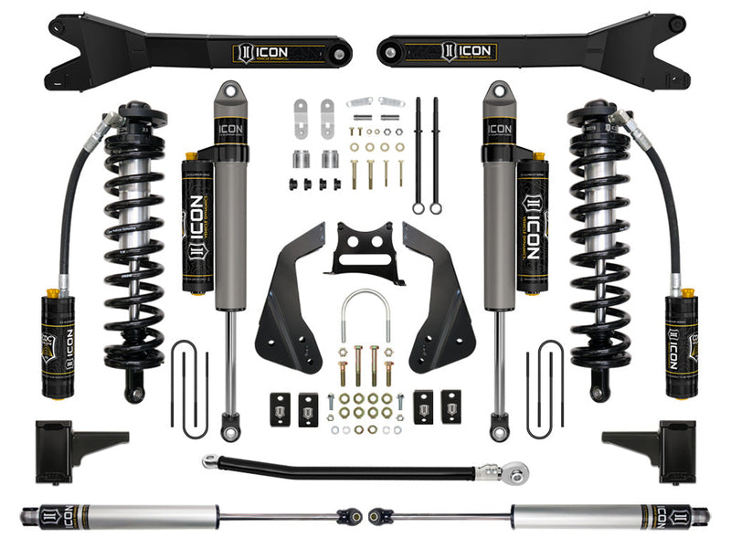 ICON Vehicle Dynamics Coilover Conversion System: kit layout on white: two ICON radius arms above two CDC coilovers, piggyback or remote-reservoir shocks, brackets, U-bolts, track bar and hardware