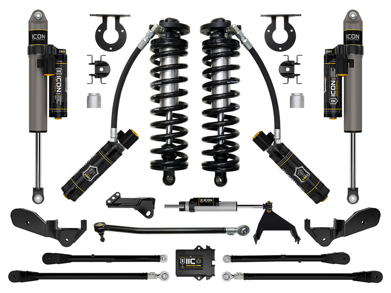 ICON Vehicle Dynamics Coilover Conversion System: studio kit layout on white: coilover conversion kit with IIC control module: remote-reservoir front coilovers, reservoir rear shocks, steering stabilizer, link arms, track bar, coil buckets and