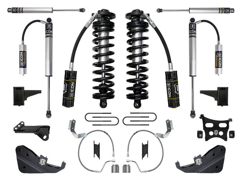 ICON Vehicle Dynamics Coilover Conversion System: studio kit layout on white: coilover conversion kit: remote-reservoir front coilovers, piggyback rear shocks, stabilizer shocks, U-bolts, brake lines, coil mounts and brackets