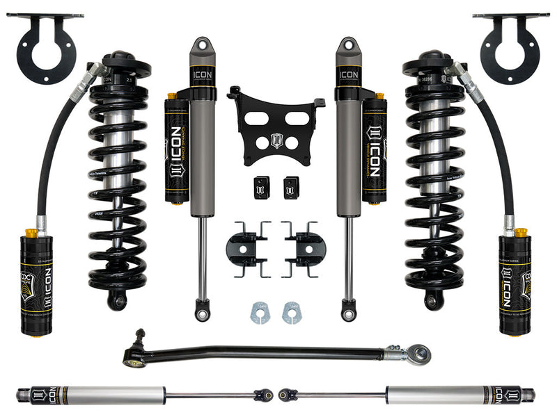 ICON Vehicle Dynamics Coilover Conversion System: studio kit layout on white: coilover conversion kit: pair of remote-reservoir front coilovers, pair of reservoir rear shocks, steering stabilizer shocks, track bar, coil buckets and brackets
