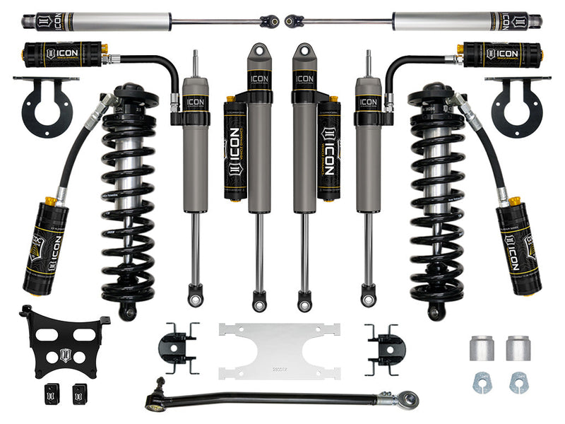 ICON Vehicle Dynamics Coilover Conversion System: studio kit layout on white: coilover conversion kit: remote-reservoir front coilovers, four reservoir rear shocks, dual steering stabilizer shocks, track bar, brackets and spacers
