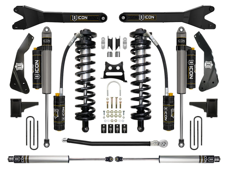 Kit layout on white: two ICON radius arms above two CDC coilovers, piggyback or remote-reservoir shocks, brackets, U-bolts, track bar and hardware.