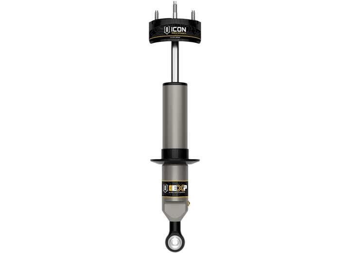 ICON 2.5 EXP front coilover with ICON-labelled three-stud upper mount, spring perch and eyelet base, straight-on, on white.
