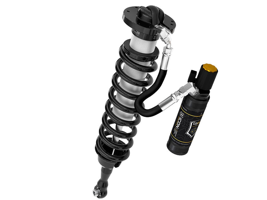 Single ICON 2.5 VS remote-reservoir coilover with black spring and CDEV electronic reservoir, angled on white.